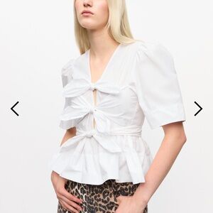 GANNI White Washed Stretch Cotton Tie Strap Blouse